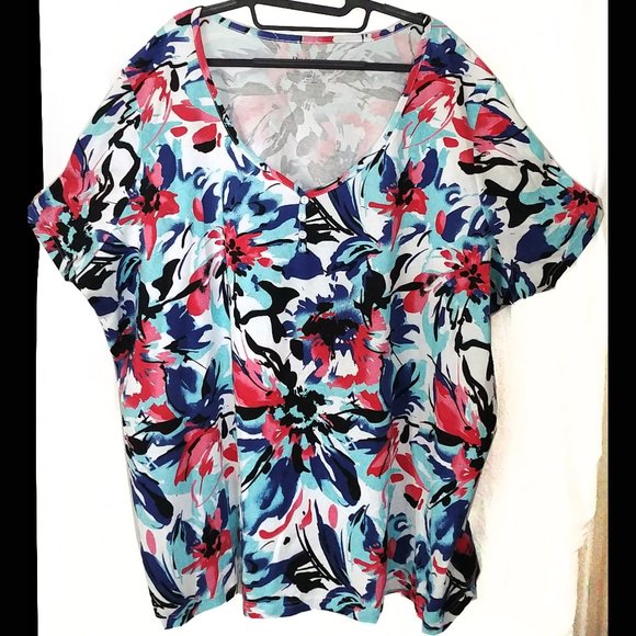 Roaman's Tops - Colorful Watercolor Floral ROAMAN'S 30/32 3X Print Blue, Black & Red V-Neck Top